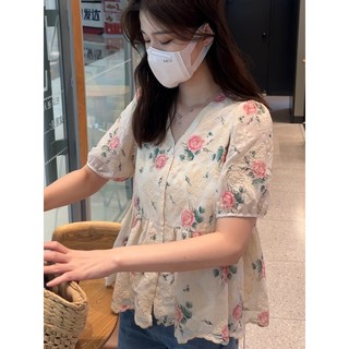 Áo Sơ Mi Tay Ngắn Cổ Chữ V Hoạ Tiết Hoa Thêu Thiết Kế Dáng Rộng Thoải Mái