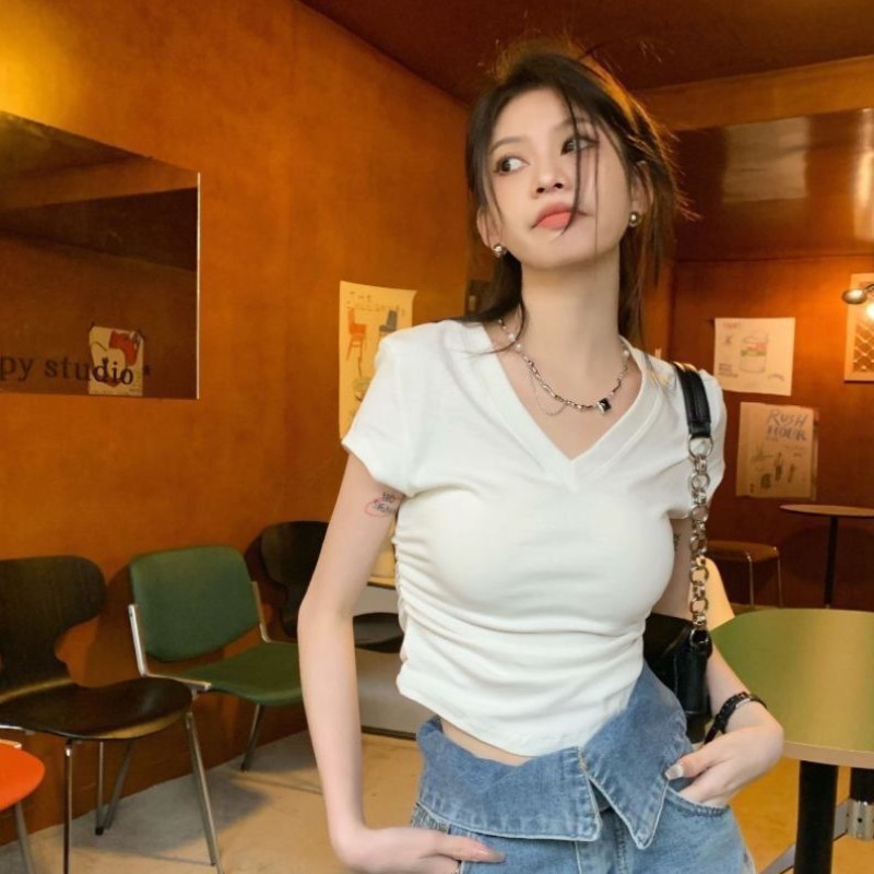 COZOK Áo Thun Ngắn Tay Cổ Chữ V Phối Dây Rút Thời Trang Đơn Giản