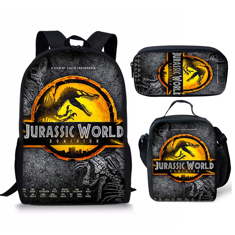 Set 3 Món Túi Đựng Bút / Túi Xách / Túi Đựng Đồ Ăn Trưa Họa Tiết Jurassic World Cho Bé Ốp