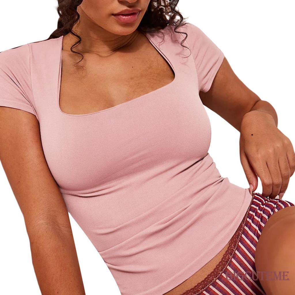 Áo Thun Tay Ngắn Cổ Vuông Màu Trơn Dáng Ôm Thời Trang Mùa Hè Xinh Xắn Cho Nữ