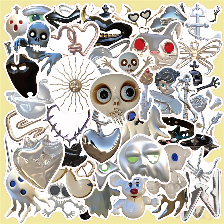 ❉ Sticker Bạc Dán Trang Trí Phong Cách Kinh Dị 01 ❉ Bộ 50 Sticker Chống Thấm Nước Họa Tiết Doodle Hợp Thời Trang