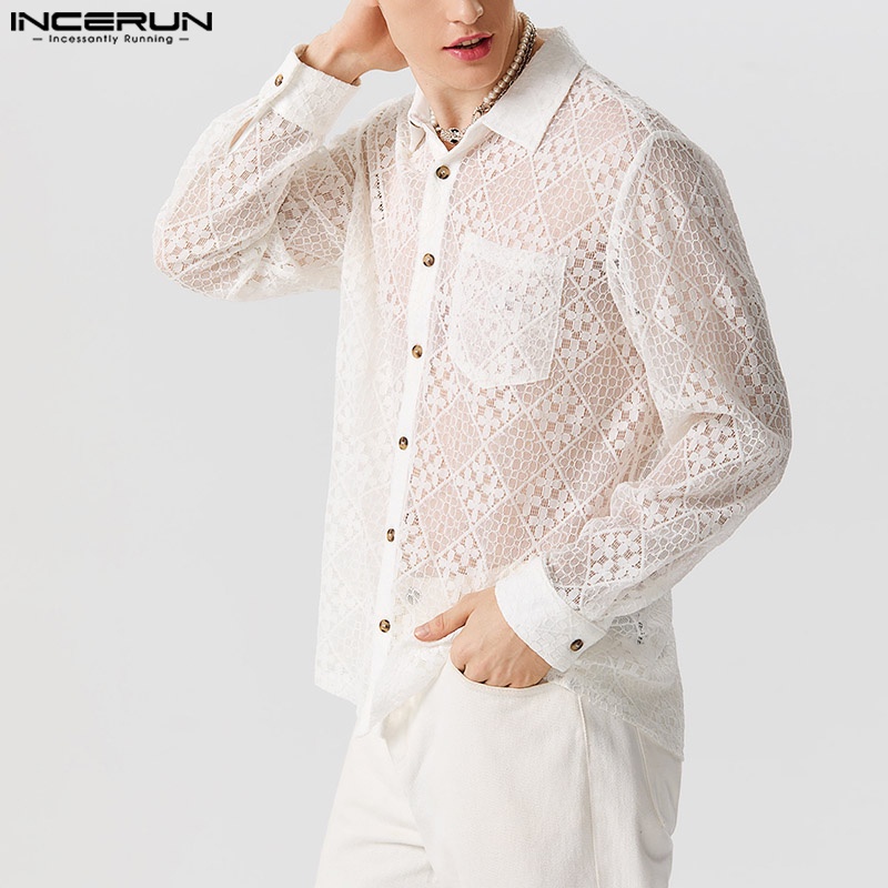 INCERUN Áo Sơ Mi Tay Dài Phối Ren Trong Suốt Nhẹ Nhàng Hợp Thời Trang