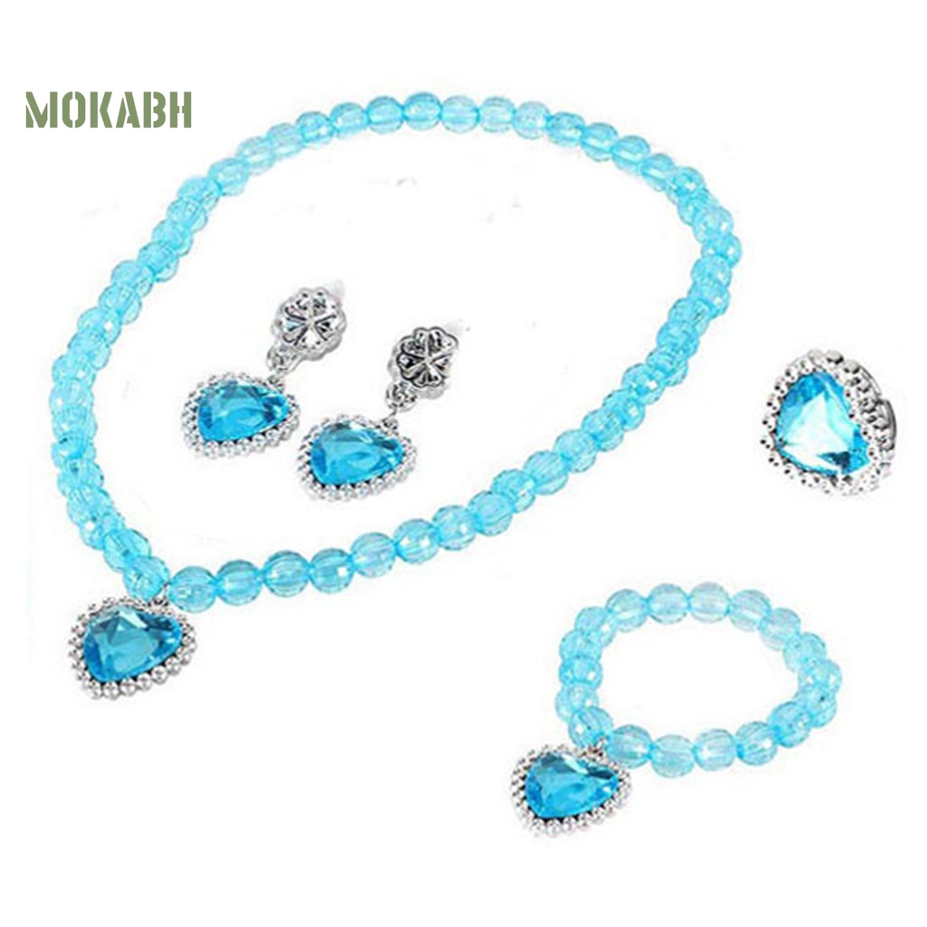 [Mới] 1 Bộ Vòng cổ, Bông Tai, Nhẫn, Vòng Tay Hình Trái Tim Đính Đá Nhiều Màu Cho Bé Gái