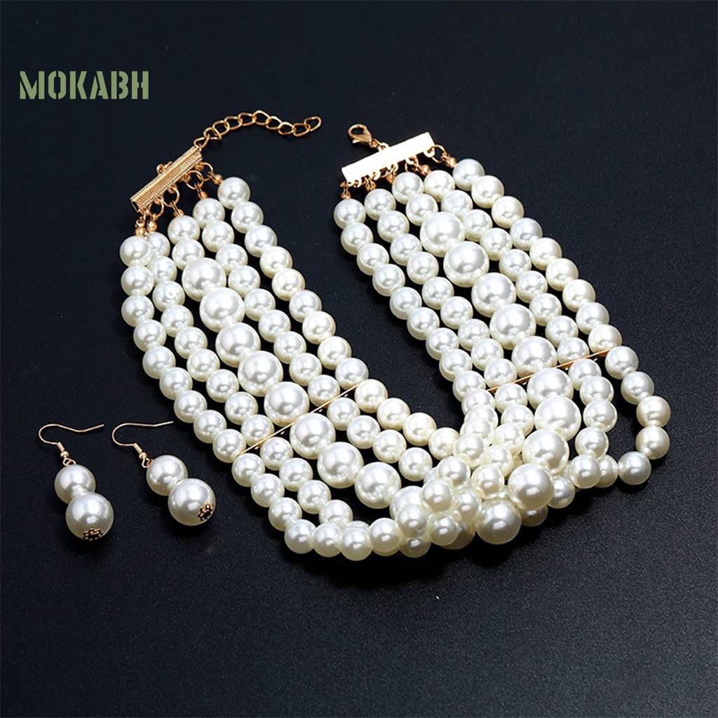 Bộ Vòng cổ + Bông Tai Nhiều Lớp Đính Hạt Ngọc Trai Giả Thời Trang Cho Nữ