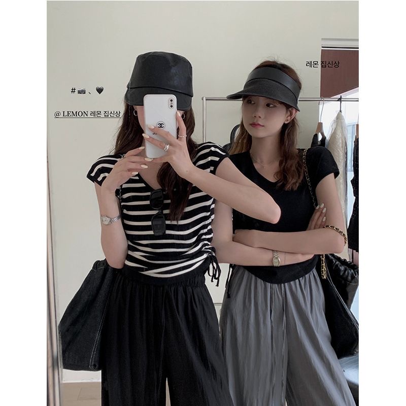 Áo Thun Tay Ngắn Dáng Ôm Phối Dây Rút Họa Tiết Kẻ Sọc Thời Trang Mùa Hè 2023