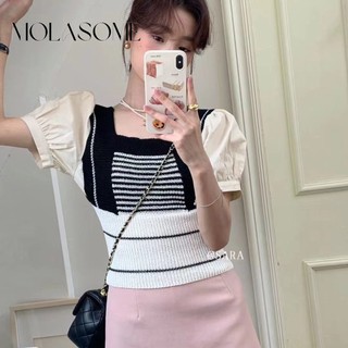 MOLASOME Nữ In Hình Thời Trang Màu Sắc Tương Phản Cổ Vuông Tay Ngắn Áo Thun Thường Ngày