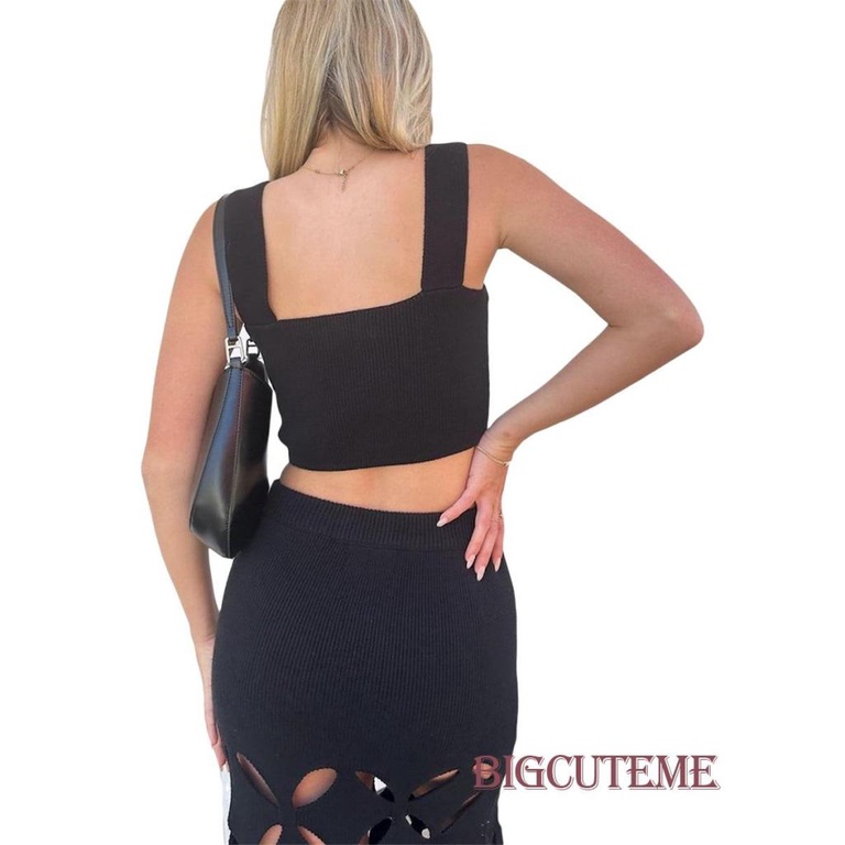 Bộ Áo Tank Top 2 Dây + Chân Váy Dệt Kim Lưng Cao Co Giãn Thời Trang Mùa Hè Cho Nữ