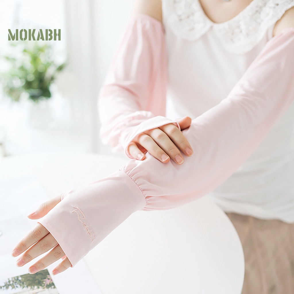 1 Cặp Găng Tay Chống Nắng Bằng Lụa Lạnh Dáng Rộng Co Giãn Thêu Họa Tiết Thời Trang Mùa Hè