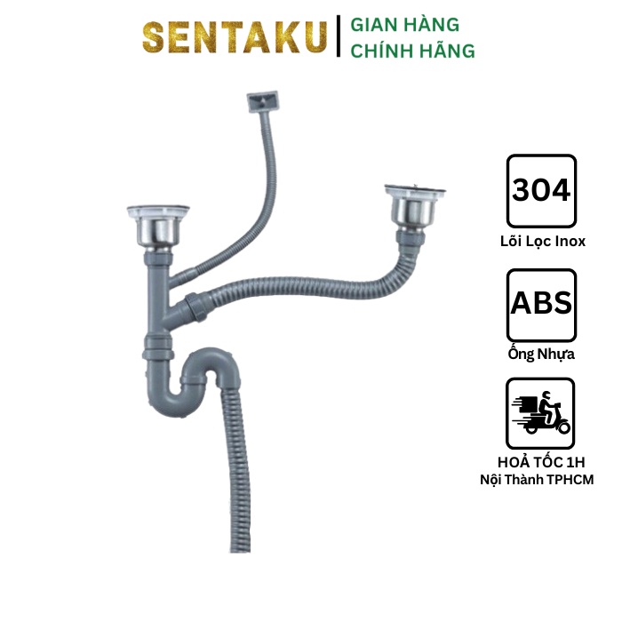 Bộ Xi phông ống xả bồn chậu rửa chén bát SENTAKU 2 hốc bầu INOX chống mùi hôi phân loại đôi,đơn  độ bền cao - Sentaku