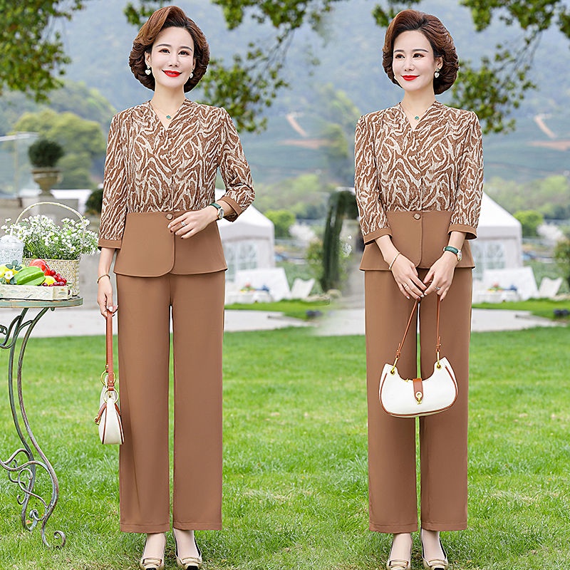 Bộ Áo Thun Tay Lửng Phối Voan + Quần Dài Thời Trang Mùa Hè Cho Phụ Nữ Trung Niên