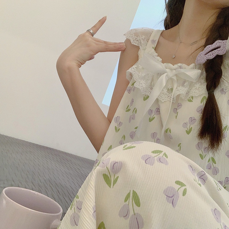 Đầm Ngủ Cotton Dệt Kim Phối Ren Có Đệm Ngực Phong Cách Công Chúa Ngọt Ngào Thời Trang Mùa Hè Kiểu Mới Dành Cho Nữ