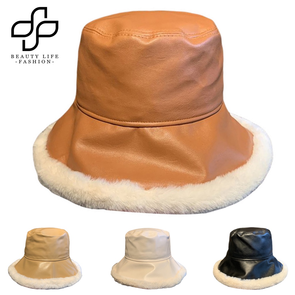 Nón Tai Bèo Giả Da Phối Lông Thỏ Dày Dặn Ấm Áp Chống Gió Thời Trang