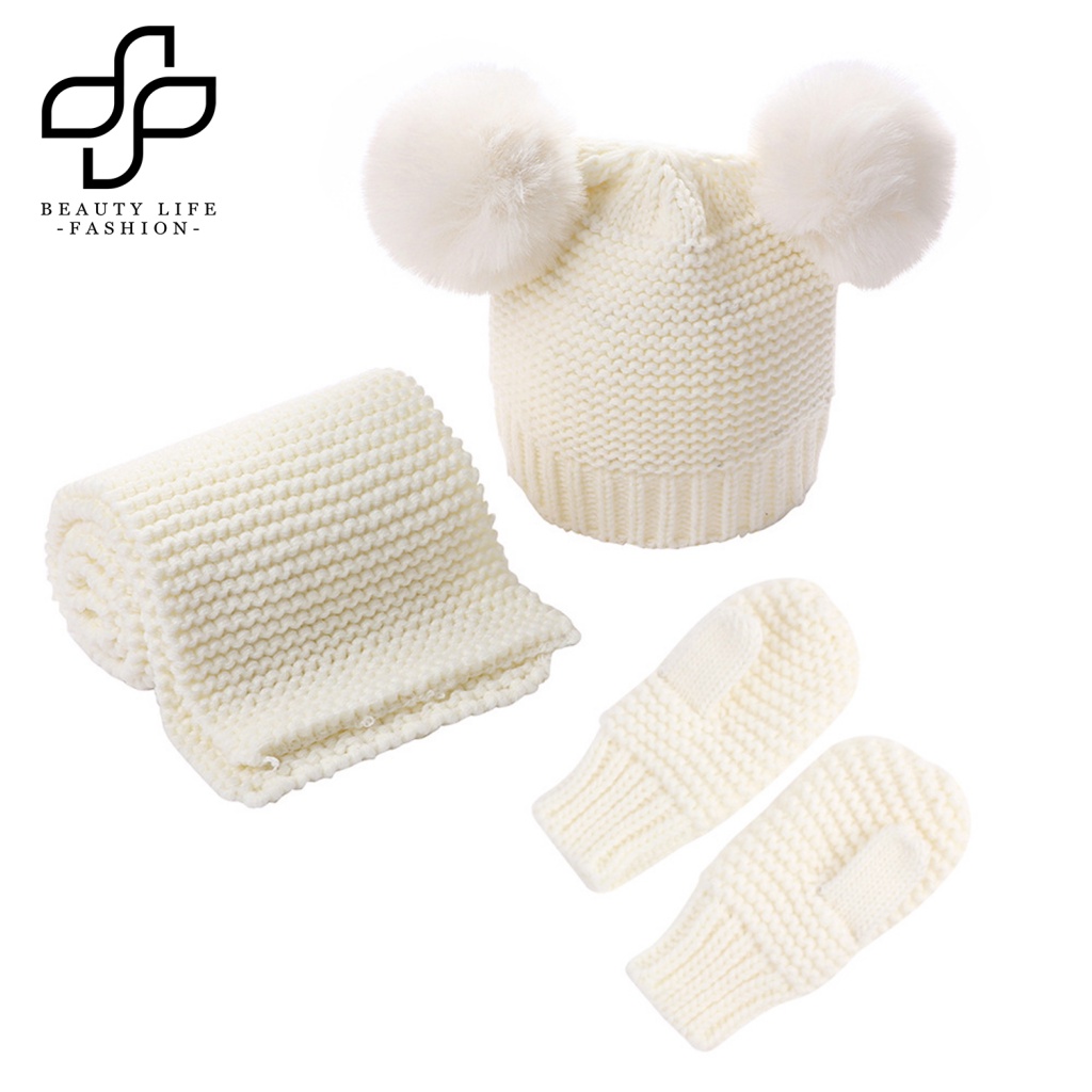 Bộ Nón + Găng Tay Dệt Kim Ấm Áp Màu Trơn Thời Trang Thu Đông Cho Bé