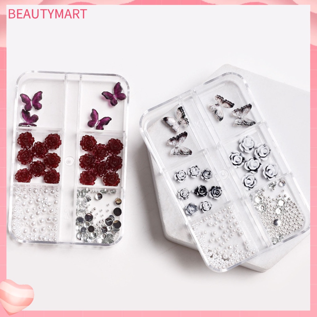 1 Hộp Phụ Kiện Trang Trí Móng Tay Hình Hoa Hồng Và Bướm 3D Bằng Nhựa Resin DIY