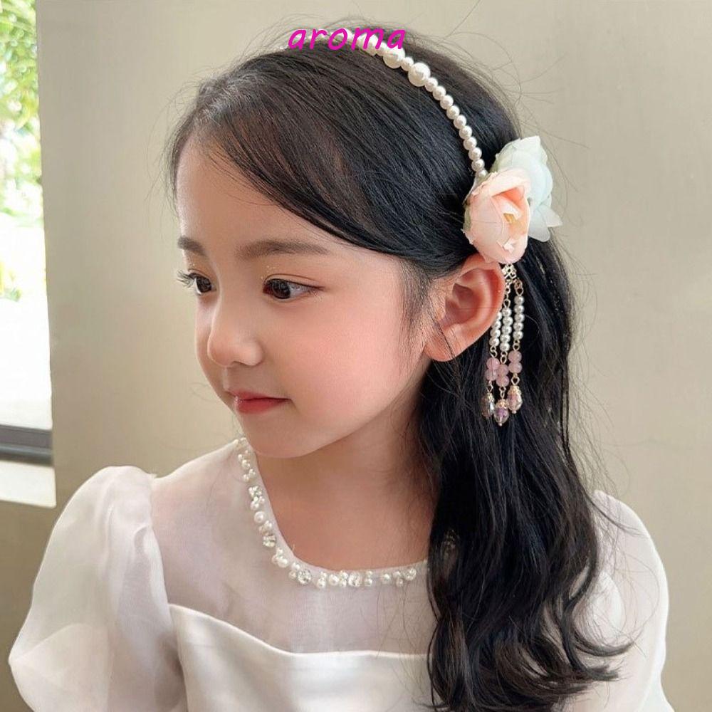 Dây Buộc Tóc Co Giãn Đính Hoa Tua Rua Phong Cách Vintage Thanh Lịch Cho Bé Gái