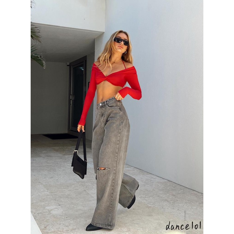 Quần Jean Ống Rộng Cài Nút Trơn Màu Cho Nữ dance1o1