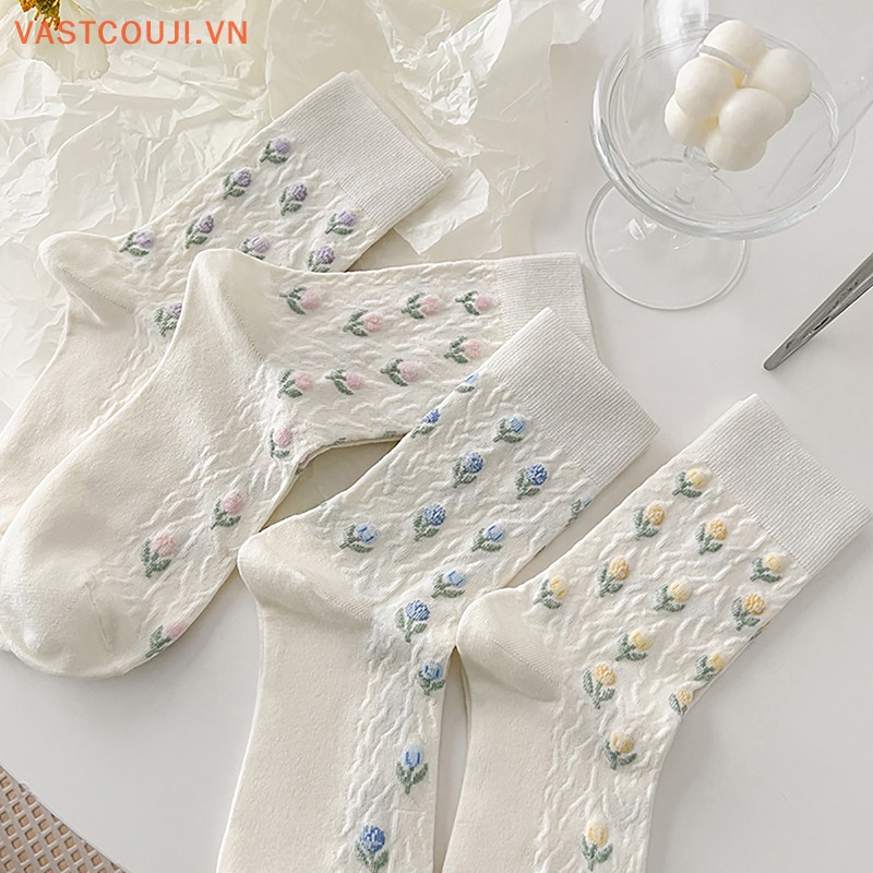 1 Đôi Tất Cotton Trắng In Hình Hoa Tulip Phong Cách Harajuku Nhật Bản Đáng Yêu Cho Nữ