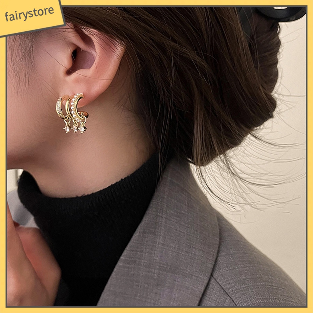 1 Đôi Bông Tai Hình Học Nhiều Lớp Đính Đá &amp; Ngọc Trai Giả