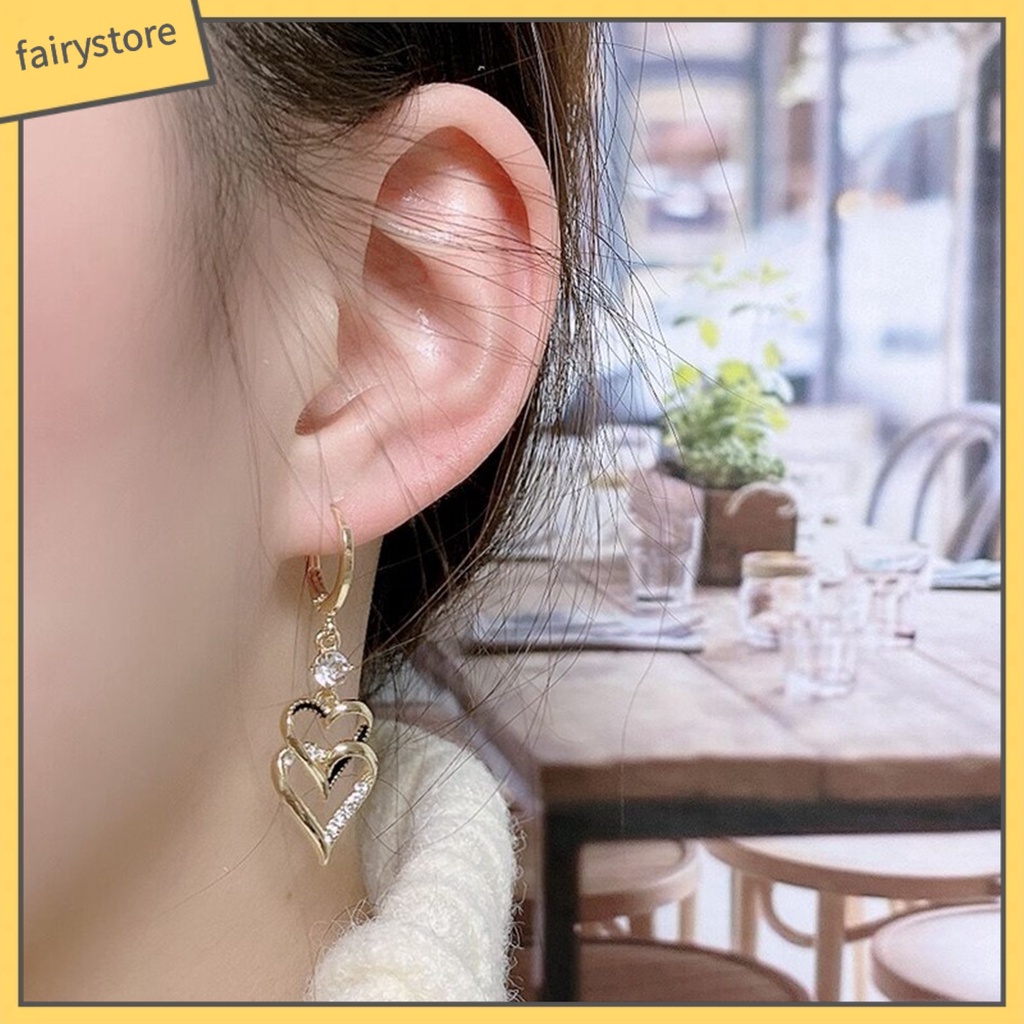 1 Đôi Bông Tai Hình Trái Tim Hai Lớp Đính Đá Lấp Lánh Phong Cách Hàn Quốc Thời Trang