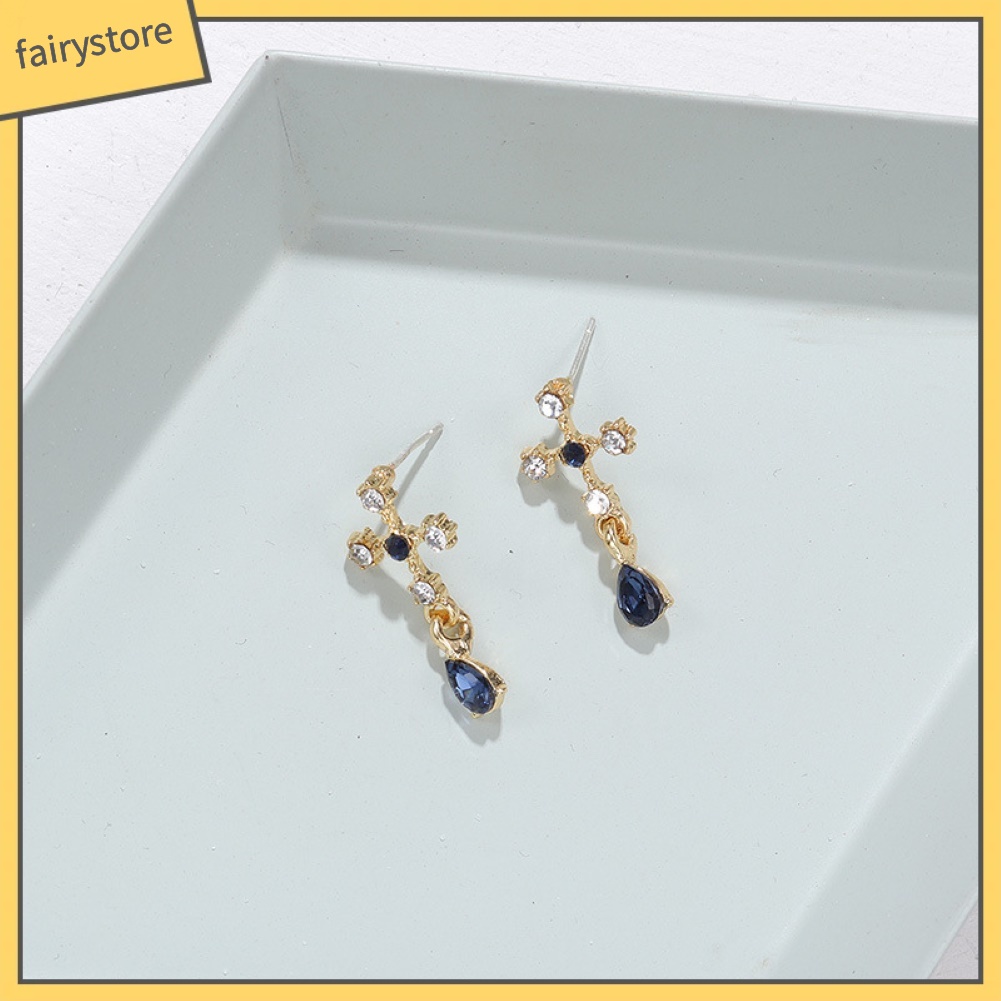 Bông Tai Hình Thánh Giá Đính Đá Sapphire Giả Bằng Hợp Kim Thời Trang Cho Nữ