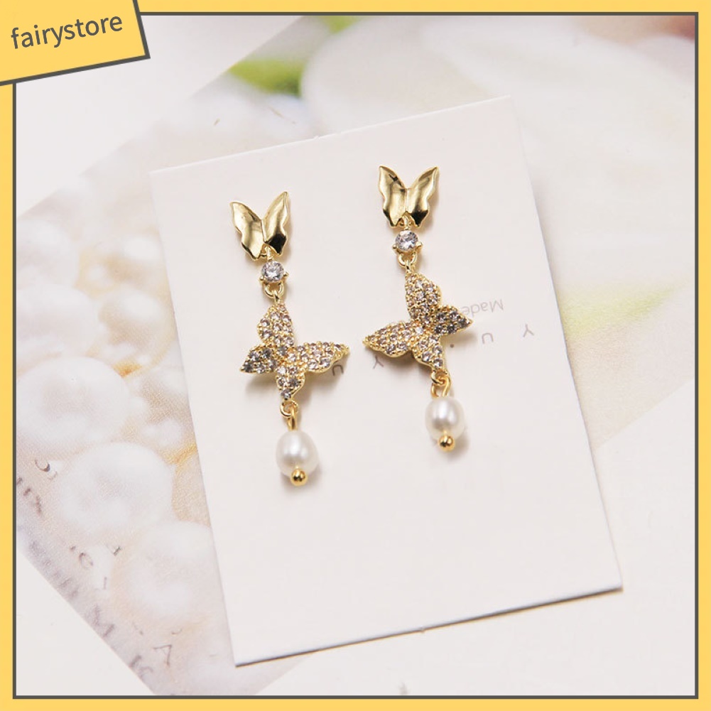 Bông Tai Hình Bướm Đính Đá Ngọc Trai Giả Thời Trang Dành Cho Nữ