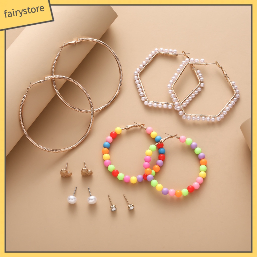 Set 6 Đôi Bông Tai Dạng Vòng Đính Đá Nhiều Màu Sắc Bằng Hợp Kim Cho Nữ