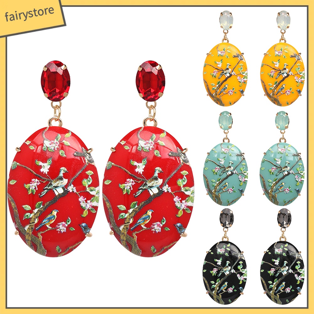 Bông Tai Hình Oval Họa Tiết Hoa Và Chim Phong Cách Vintage Dành Cho Nữ