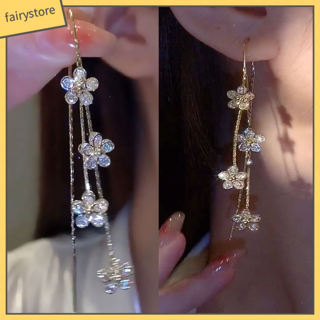 1 Đôi Bông Tai Dáng Dài Hình Hoa Đính Đá Lấp Lánh Sang Trọng Không Gây Dị Ứng Thời Trang Cho Nữ
