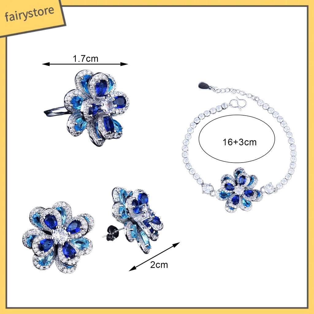 [FRO] Trang Sức Gồm Nhẫn / Bông Tai / Vòng Tay Đính Đá Zircon Hình Hoa Trà Nhiều Màu Lấp Lánh Cho