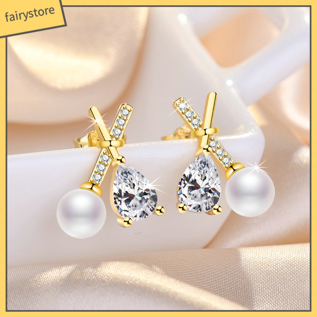 1 Đôi Bông Tai Chữ X Đính Đá Zircon Ngọc Trai Giả Lấp Lánh Phong Cách Pháp