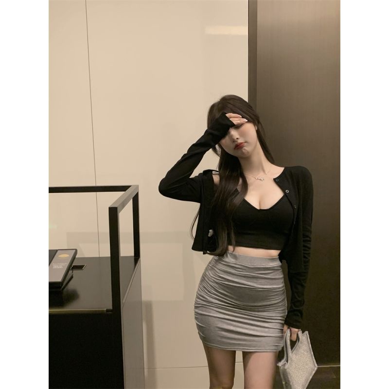 Set Áo Hai Dây Dáng Ngắn Kèm Áo Khoác Cardigan Và Chân Váy Phong Cách Hàn Quốc Thời Trang Mùa Hè Quyến Rũ Cho Nữ