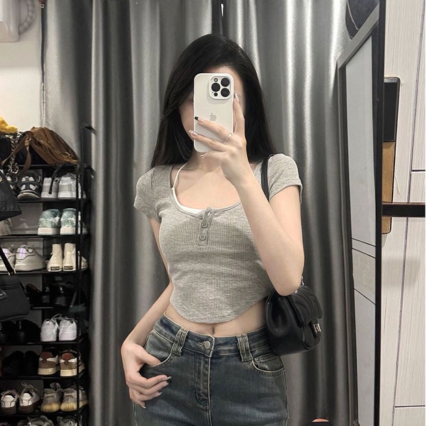 COZOK Áo Thun Ngắn Tay Dáng Ôm Phong Cách vintage Thời Trang