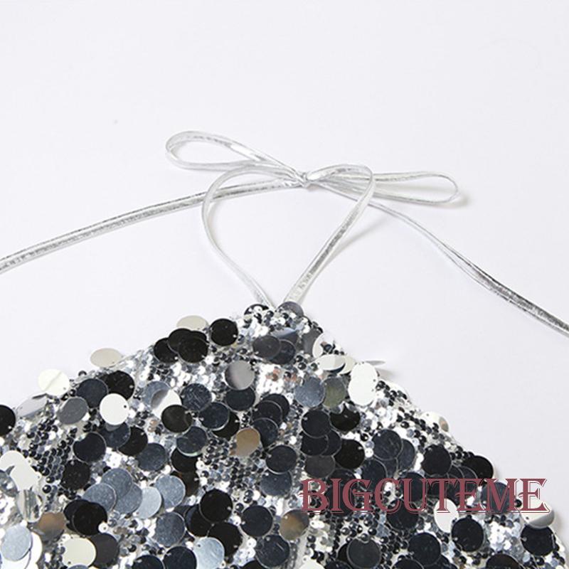 Áo Croptop Hai Dây Đính Kim Sa Lấp Lánh Thời Trang Mùa Hè Cho Nữ