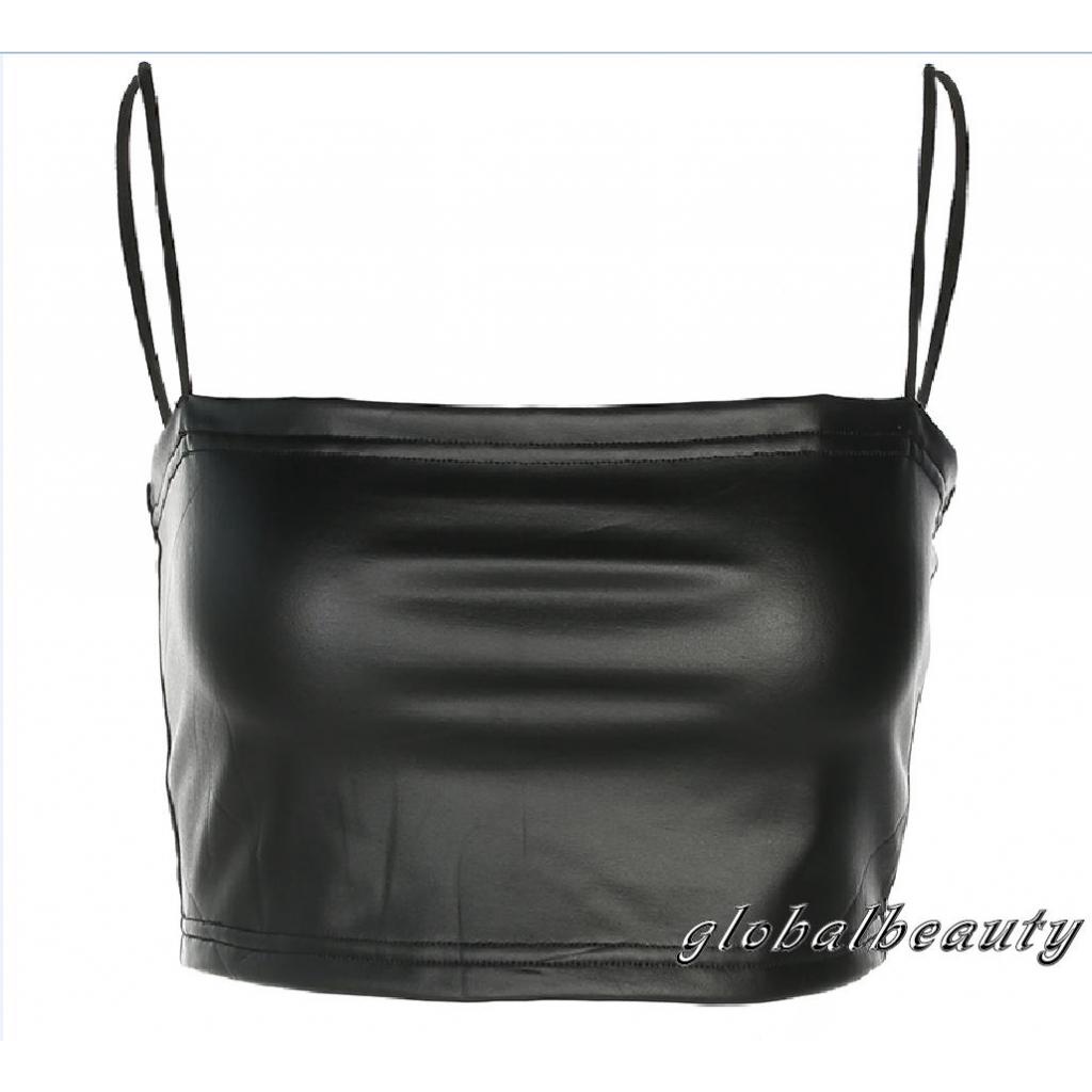Áo Croptop Sát Nách Chất Liệu Da PU Màu Đen Trơn Gợi Cảm Cho Nữ