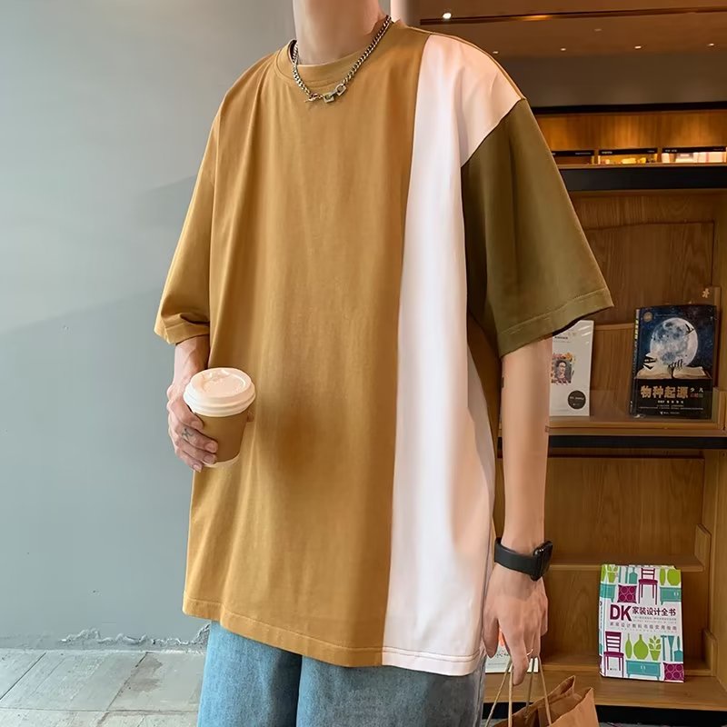 Áo Thun Cotton Tay Ngắn Màu Sắc Tương Phản Trọng Lượng Nhẹ Thời Trang Mùa Hè Cho Nam