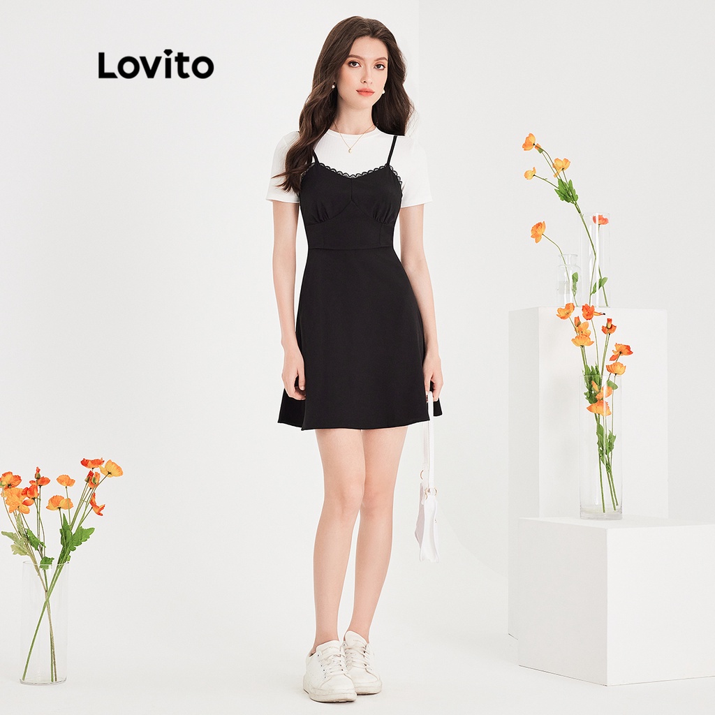 Đầm mini Lovito kiểu chữ A tay ngắn cổ tròn ghép nối màu trơn thường ngày cho nữ L51ED120 (Màu đen và trắng)