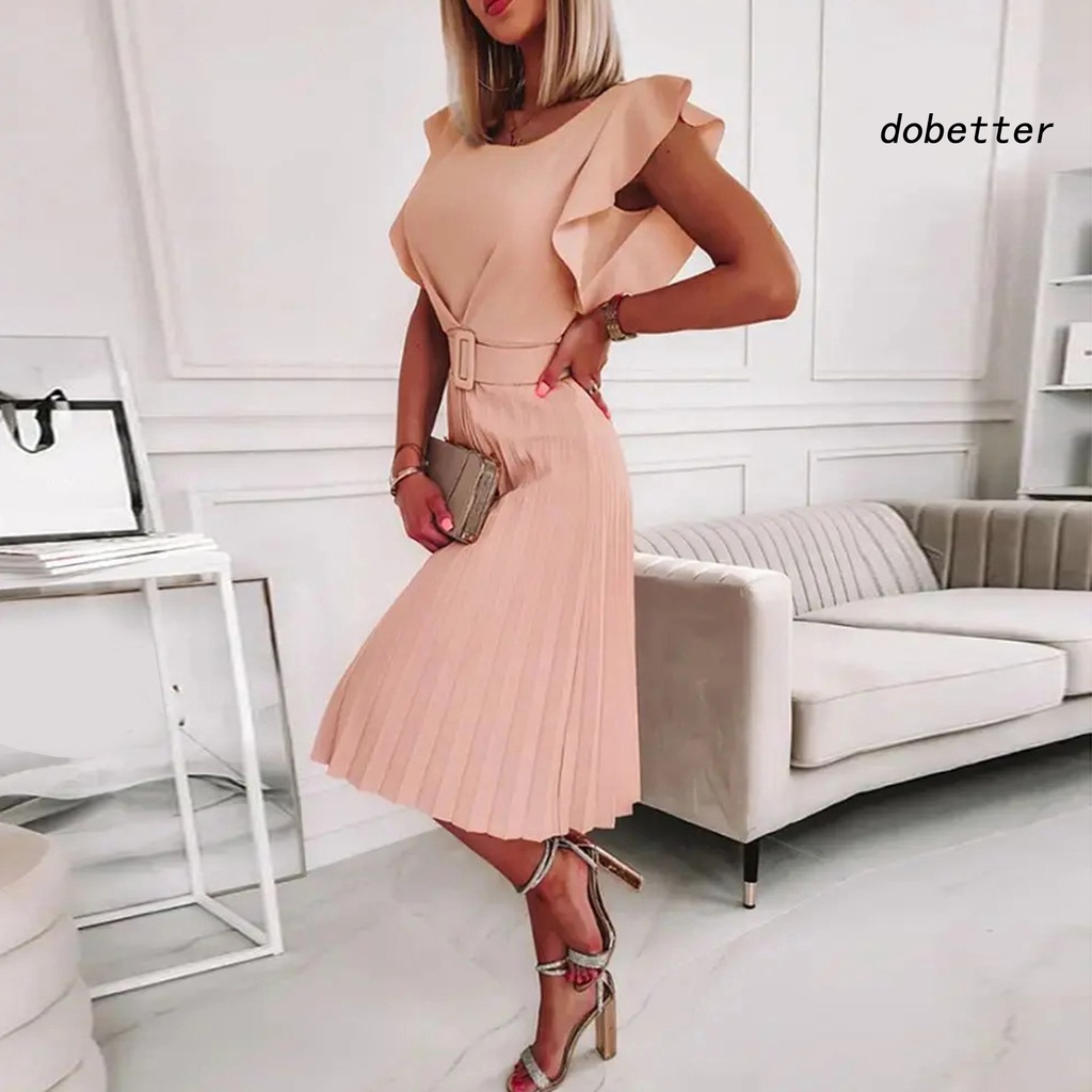 Đầm Midi Tay Ngắn Cổ Tròn Màu Trơn Thời Trang Mùa Hè Xinh Xắn Cho Nữ