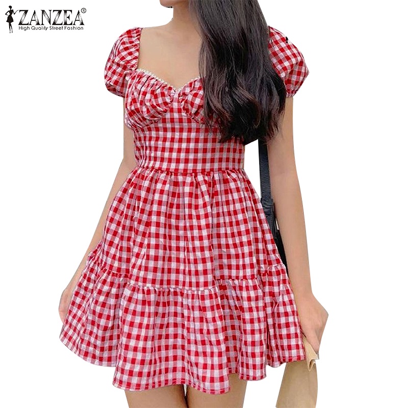 Zanzea Đầm Tay Phồng Cổ Vuông Họa Tiết Sọc Caro Phong Cách Hàn Quốc Thời Trang Cho Nữ