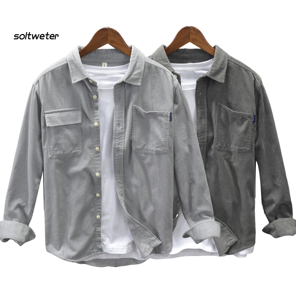 Áo Sơ Mi Tay Dài Dáng Rộng Màu Trơn Có Túi Mềm Mại Thời Trang Xuân Thu Cho Nam