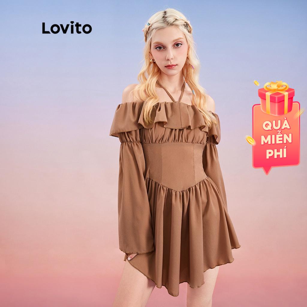 Đầm Lovito xoè ôm eo hở vai màu trơn L30AD056 (màu kaki)