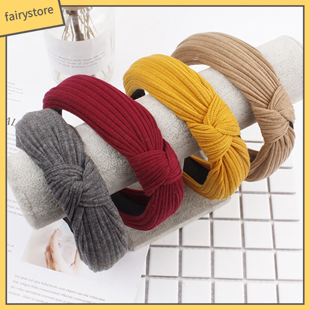 Băng Đô Cài Tóc Bản Rộng Thắt Nơ Màu Trơn Chống Trượt Cho Nữ