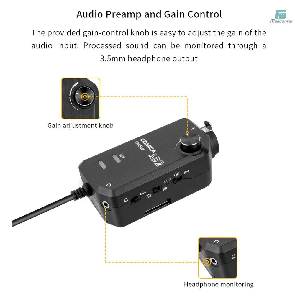 CoMica LinkFlex AD2 XLR /6.35mm-3.5mm Microphone Preamp Amplifier Audio Adapter Universal for Camera Smartphone Guitar Interface