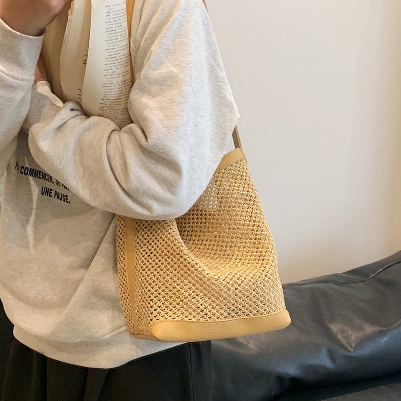 Túi Xách Đan Cói Sức Chứa Lớn Màu Sắc Tương Phản Phong Cách retro Mùa Hè Cho Nữ
