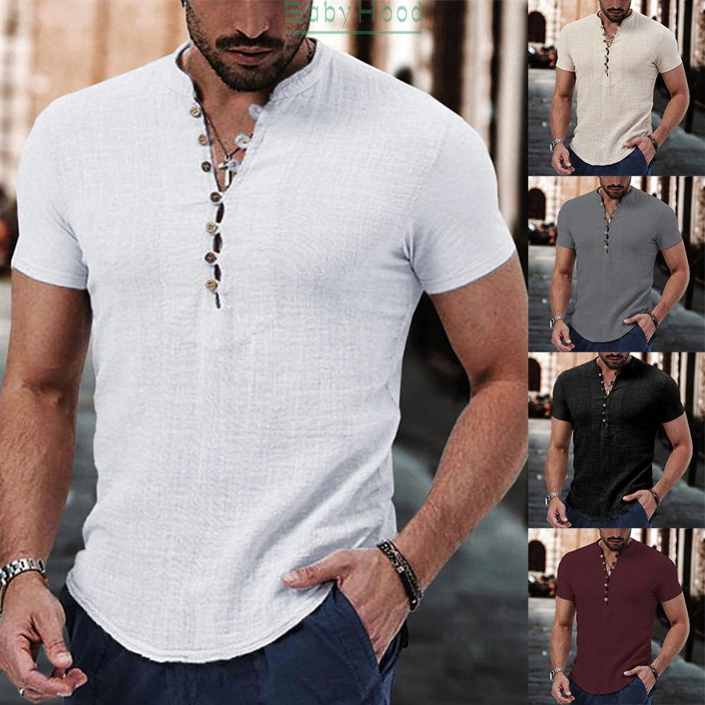 Mens Henley V Neck Casual Short Sleeve Shirt Button Down Blouse T Shirt Loose Fit Top#BBHOOD