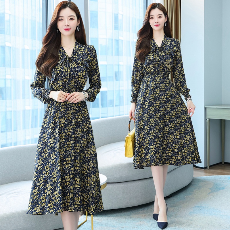 Đầm Voan Hoa Dài Tay Phong Cách Pháp Thanh Lịch Cho Nữ