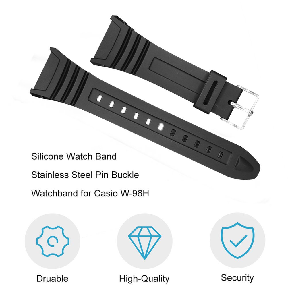 ❤Silicone Watch Band Stainless Steel Pin Buckle Watchband for Casio W-96H