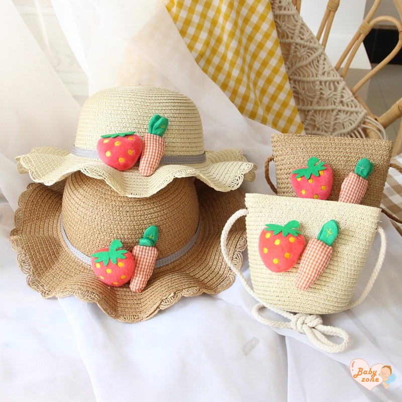 Túi cói Đan Lát Hình Trái Cây + Mũ Xinh Xắn Cho Bé
