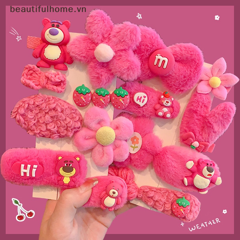 Bộ 8 / 10 Kẹp Tóc Hình Gấu / Dâu Tây Phủ Lông Thời Trang Mùa Đông Xinh Xắn Cho Bé