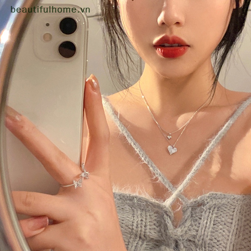 Vòng Cổ Choker Hai Lớp Mặt Trái Tim Đính Đá Thanh Lịch Thời Trang Phong Cách Hàn Quốc Dành Cho Nữ [beauty]