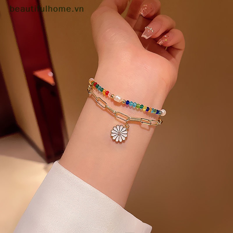 Vòng Tay Chuỗi Hạt Hai Màu Trang Trí Hoa Cúc Mùa Hè Cho Nữ [Beautyhome]